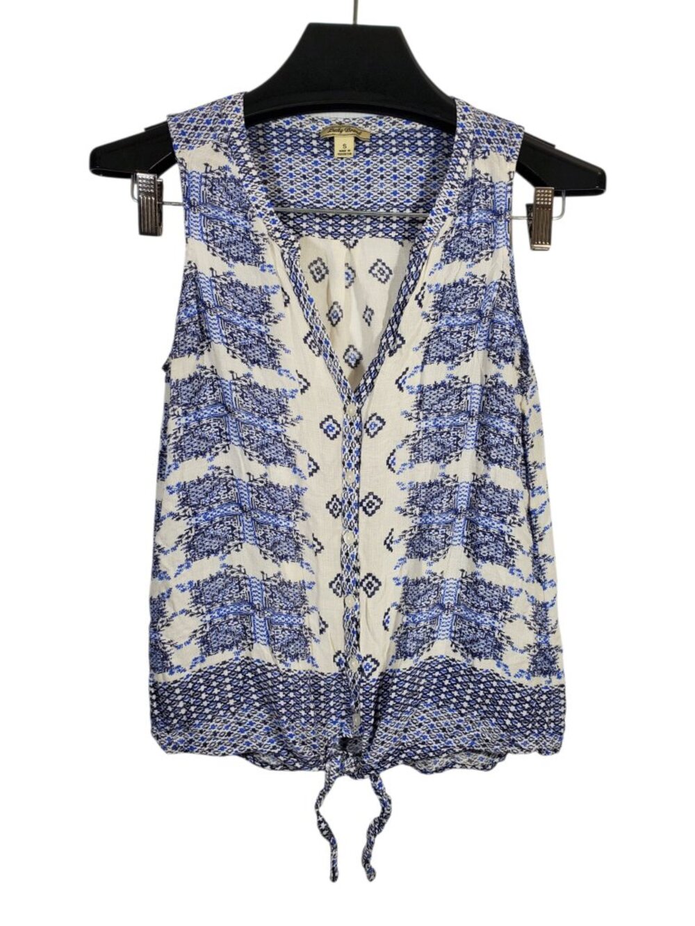 Lucky Brand Button Up Tank Top Blouse Women's S White Blue Tie-Front Y2K Boho